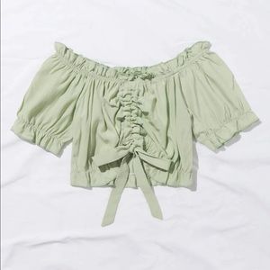 Frill trim drawstring ruched crop top